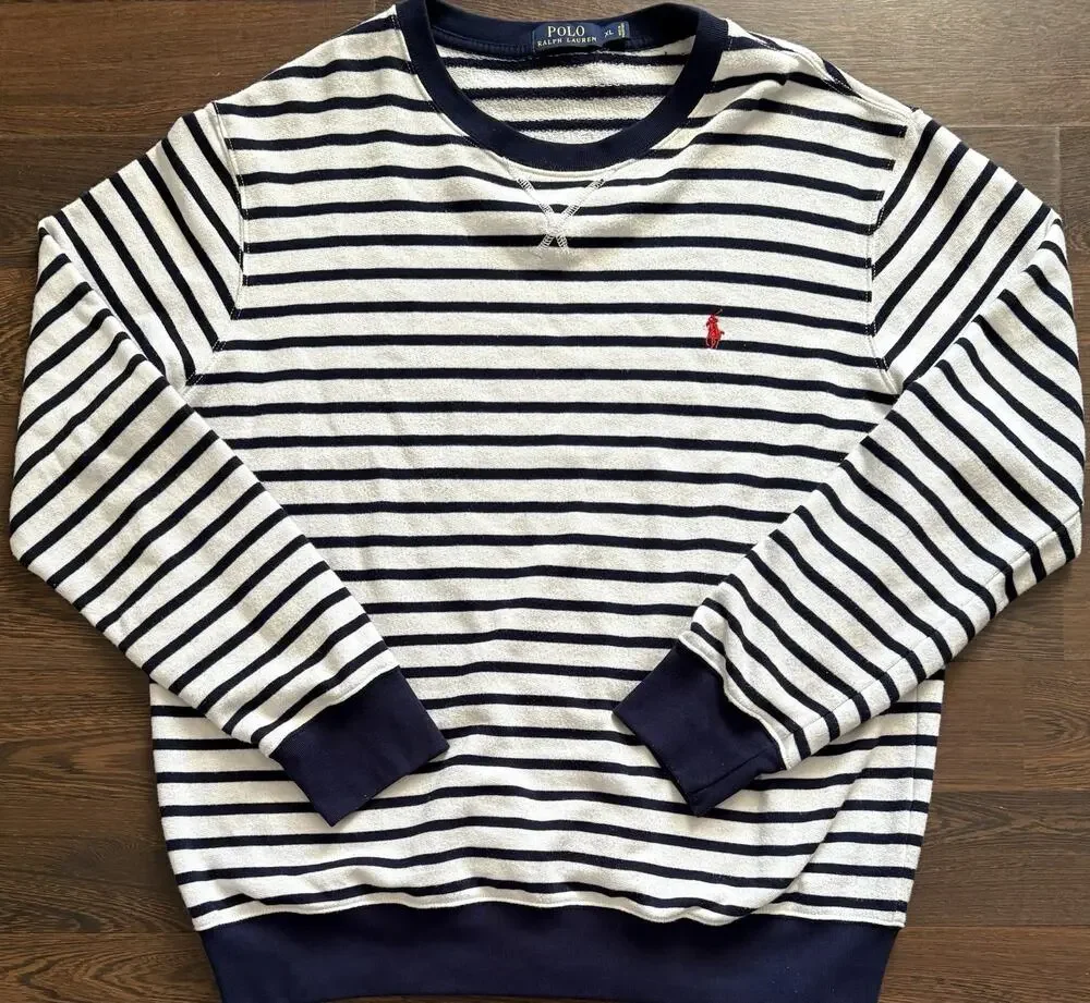 Vintage RALPH LAUREN Size XL White Navy Stripe Cotton Blend Crew Neck Pullover